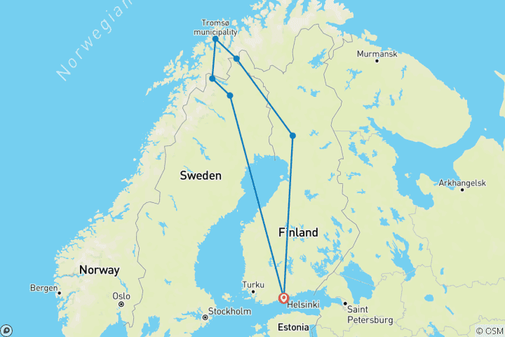 Map of Grand Lapland Tour, Finland, Sweden and Norway