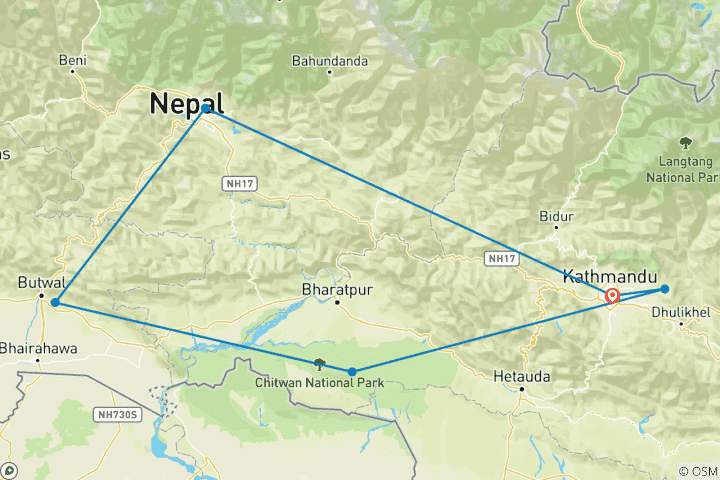 Karte von Kathmandu, Nagarkot, Chitwan, Lumbini & Pokhara Privatreise