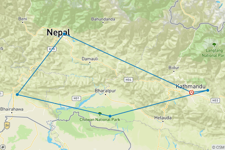 Karte von Kathmandu, Nagarkot, Chitwan, Lumbini & Pokhara Privatreise