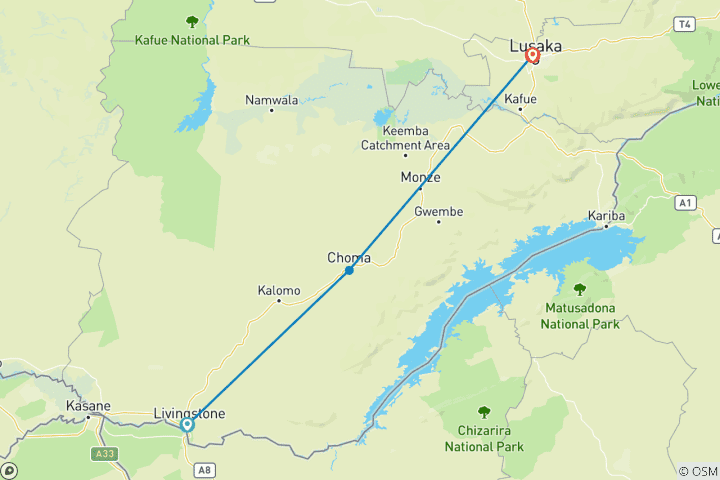 Map of 2-Day Relaxed LIVINGSTONE to LUSAKA overland travel adventure