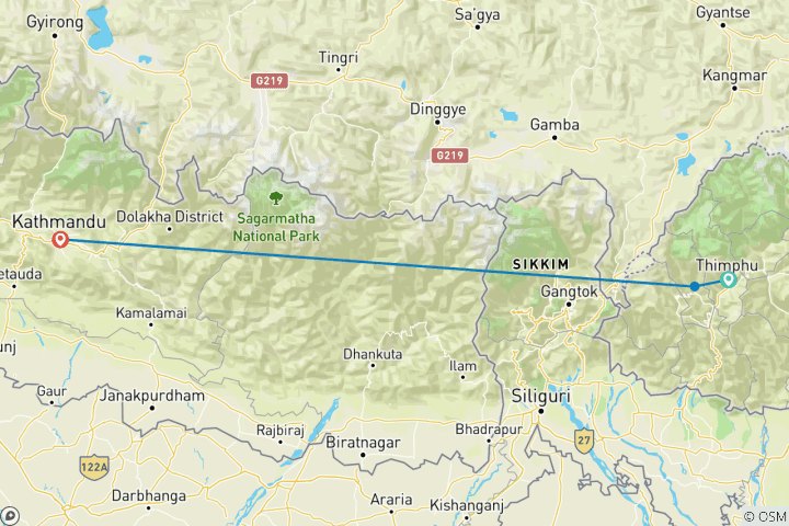 Map of 3 Night 4 Days Bhutan Tour