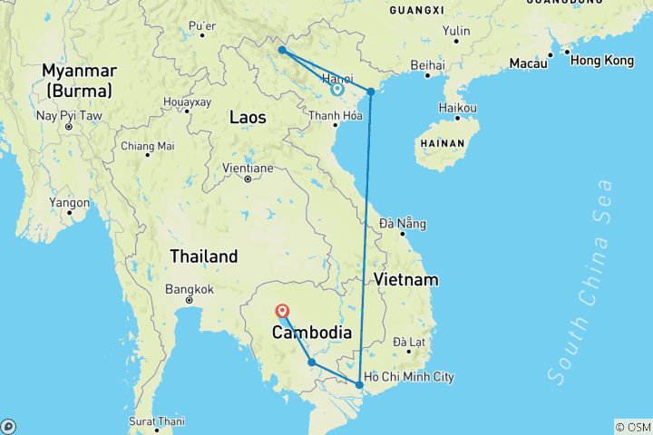 Kaart van Avontuurlijke reis door Vietnam & Cambodja – 15 dagen