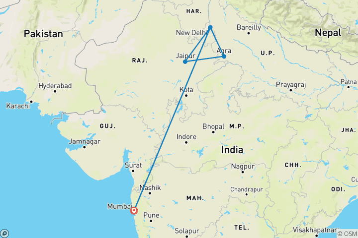 Mapa de De Bombay a Delhi en avión: explorando el triángulo de oro