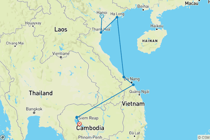 Kaart van Erfgoedroutes van Vietnam & Cambodja – 14 dagen