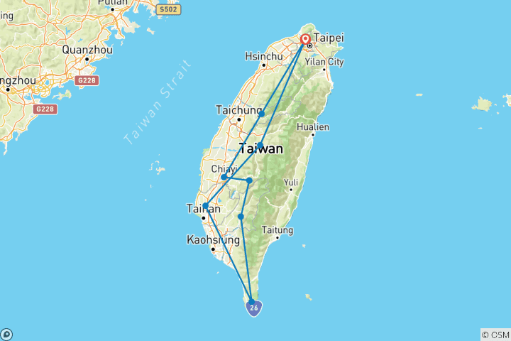 Map of 8-Day Premium Private Tour to Southern Taiwan, Sun Moon Lake and Alishan