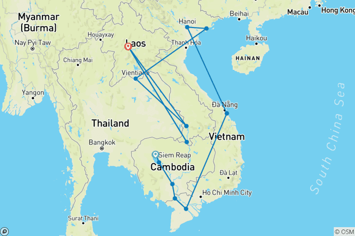 Karte von Indochina: Kambodscha, Vietnam & Laos 19 Tage