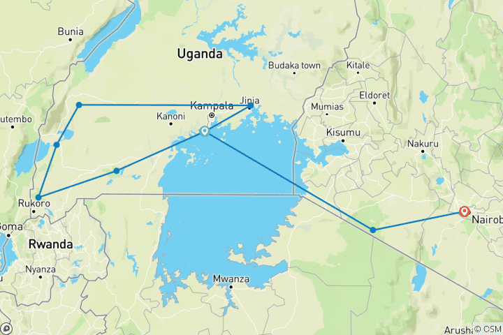 Map of 14 days Gorillas, Game and Masai Mara Safari