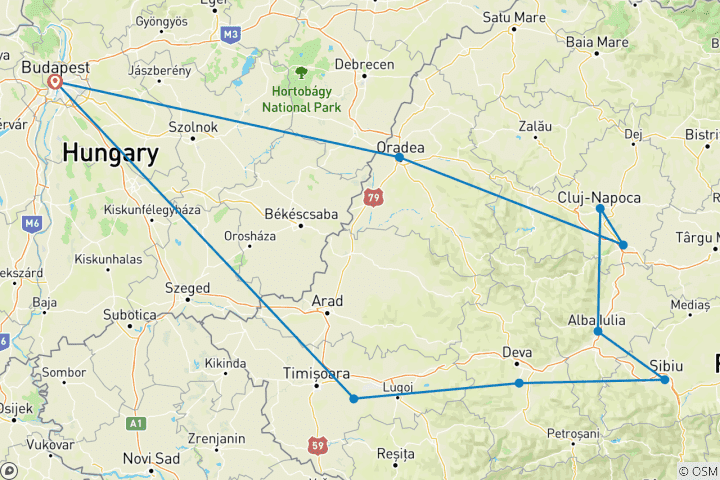 Mapa de Circuito privado de cinco días por Transilvania desde Budapest