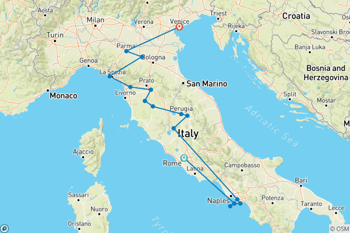 Kaart van Italiaanse landwegen (kleine groepen, 16 dagen)