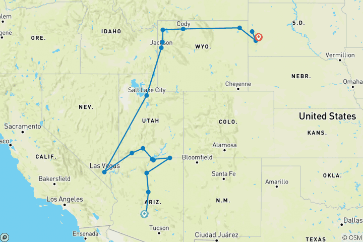 Mapa de Los Magníficos parques nacionales de Estados Unidos - clásico, acaba en Rapid City, 15 días