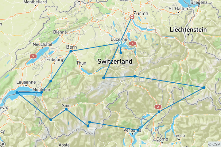 Kaart van Landweggetjes door Zwitserland (Kleine groepen, 14 dagen)