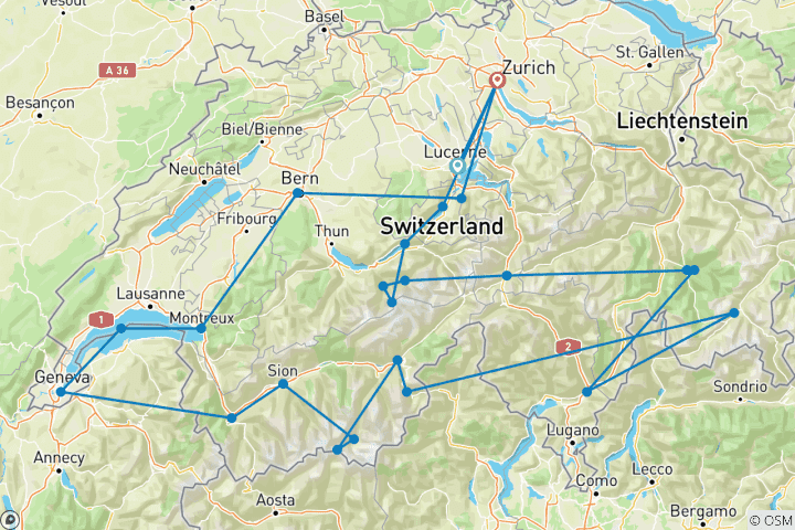Karte von Landstraßen der Schweiz Kleingruppenreise