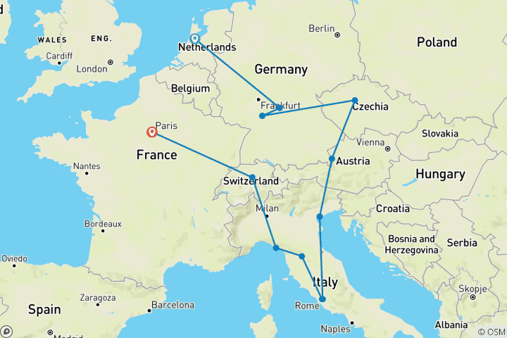 Karte von Europa Entdeckungsreise (Kleingruppen, Start London, Ende Paris, 16 Tage)