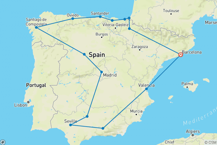 Map of Spanish Heritage (Small Groups, End Barcelona, 18 Days)