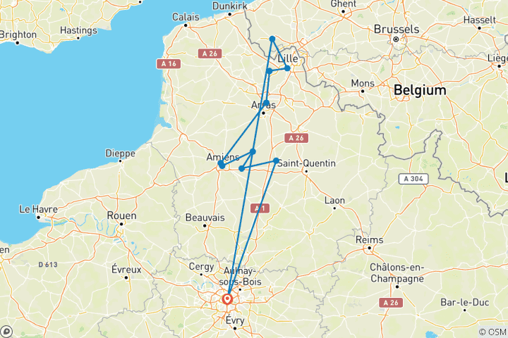 Carte du circuit Champs de bataille de la Première Guerre mondiale (petits groupes, 4 jours)