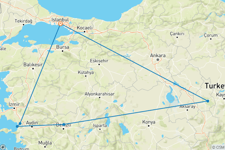 Mapa de Éfeso, Pamukkale y Capadocia en 5 días