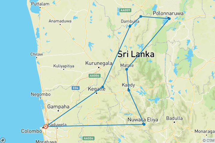 Mapa de Itinerario de 6 días en Sri Lanka