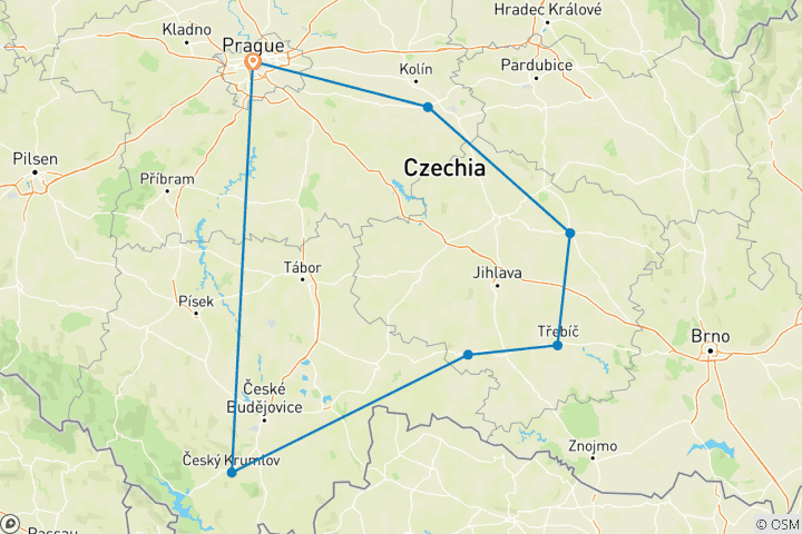 Mapa de Circuito Unesco Chequia - 7 sitios Unesco en 6 días, máx. 6 personas por excursión