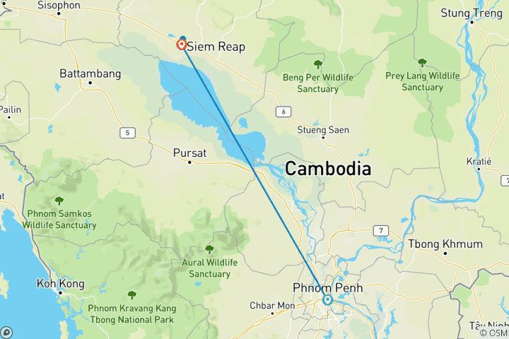 Kaart van Cambodja Hoogtepunt 6 dagen 5 nachten (Phnom Penh en Siem Reap)