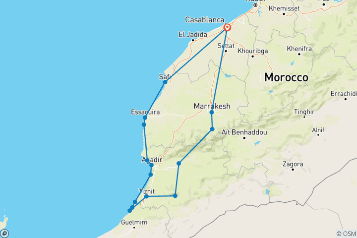 Map of The Coast of Southern Morocco: 7 Day Tour from/to Casablanca: Atlantic Beaches and Atlas Mountains (Private Tour)