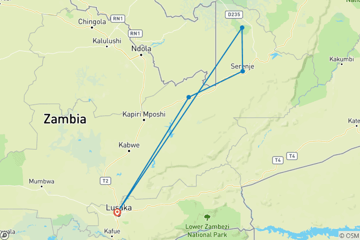 Map of 13 Days - Zambia's Northern "Unexplored" Tourist Circuit Waterfalls Adventure Tour