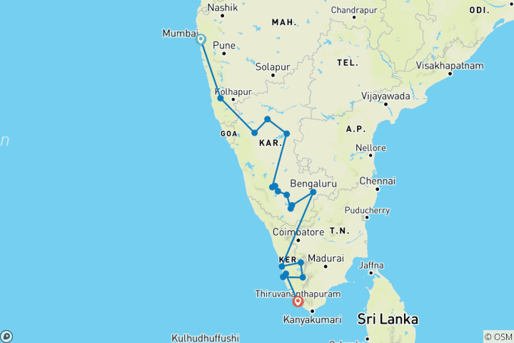 Kaart van Mumbai, Goa & verkenning van het zuiden – de charmante kust & culturele schatten