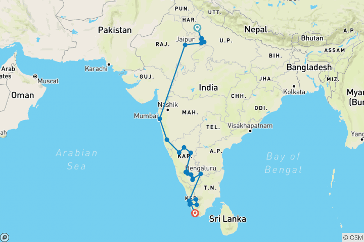 Map of Cultural Canvas: Delhi to South India Discovery