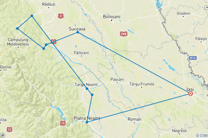 Mapa de Viaje en coche de seis días desde Iasi a Bucovina y el condado de Neamt