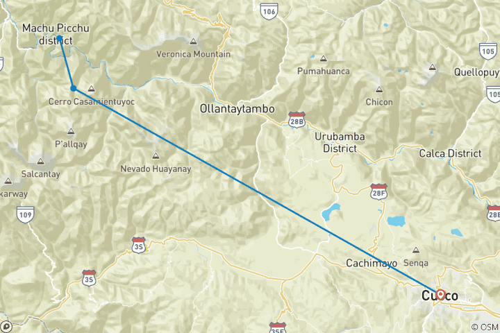 Map of Short Inca Trail 2 Days / 1 Night