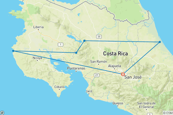 Map of Costa Rica Highlights, 10 days