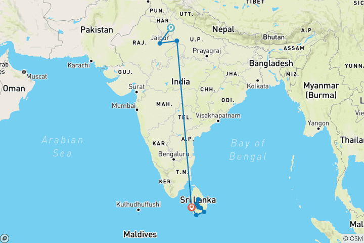 Carte du circuit Le meilleur de l'Inde et du Sri Lanka avec la détente à la plage