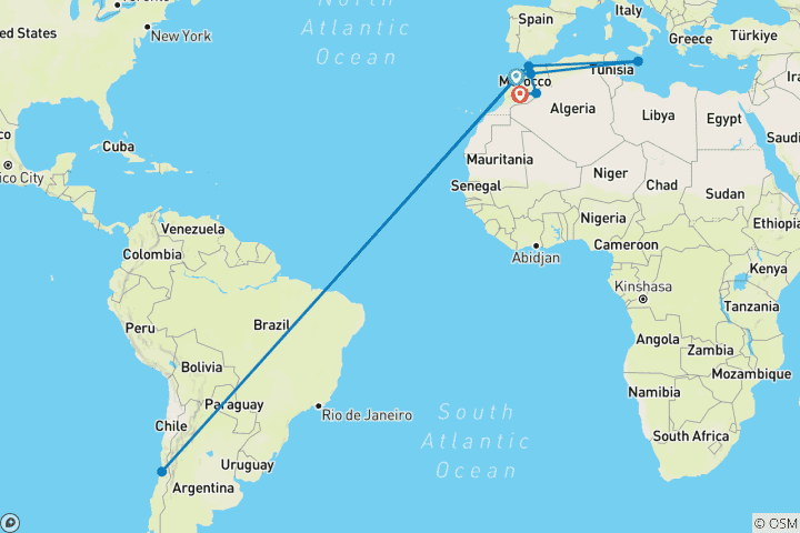 Carte du circuit Départ de Casablanca - circuit privé au Maroc - 10 jours