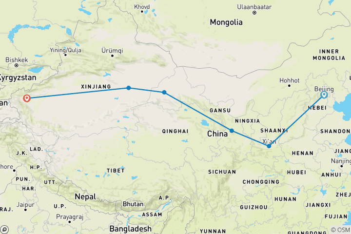 Karte von Seidenstraße mit dem Zug Low-Budget-Reise: Peking, Xian, Lanzhou, Labrang, Dunhuang, Turpan, Kashgar