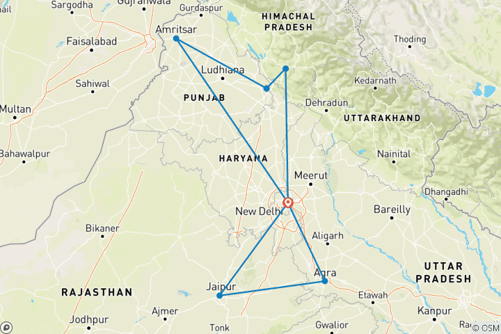 Map of India's Best Himalayas Foothills & Golden Triangle Tour - 12 Days