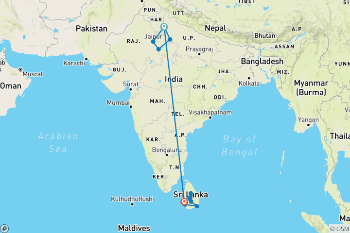 Carte du circuit Circuit au Sri Lanka et au Triangle d'Or de l'Inde - 15 jours