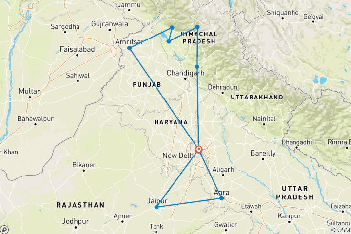 Map of Foothills India Himalayas & Golden Triangle