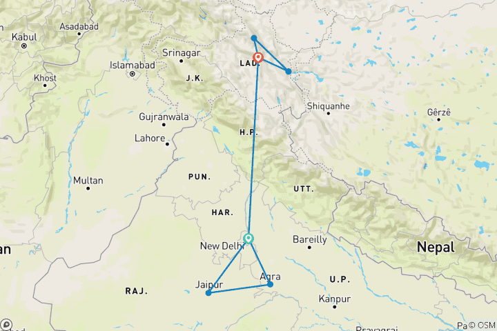 Map of Leh & Ladakh with India Golden Triangle