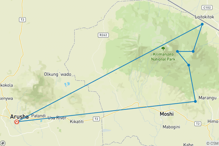 Map of 8 Days Climb Kilimanjaro Rongai Route