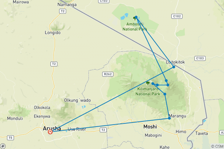 Map of 7 Days Kilimanjaro Climb  Rongai Route