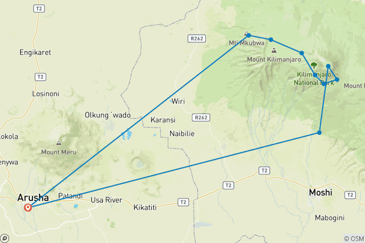 Map of 8 Days Kilimanjaro Climb – Lemosho Route