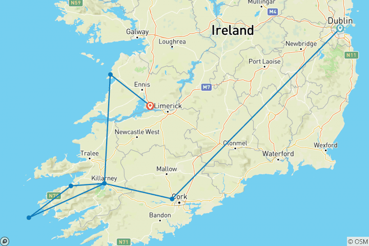 Kaart van De smaak van Ierland - rondreis B - 6 dagen