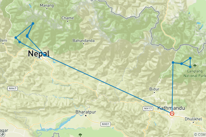 Carte du circuit Trek du camp de base du Langtang et de l'Annapurna