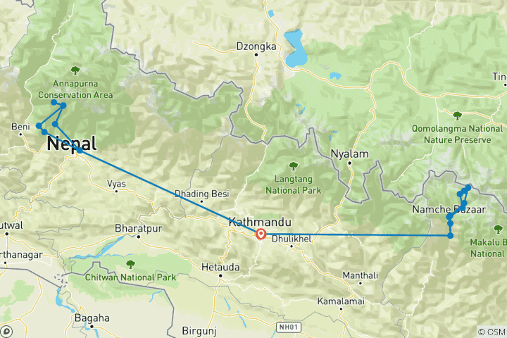 Carte du circuit Trek du camp de base de l'Everest et de l'Annapurna