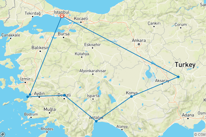 Mapa de Circuito de 10 días a los tesoros de Turquía