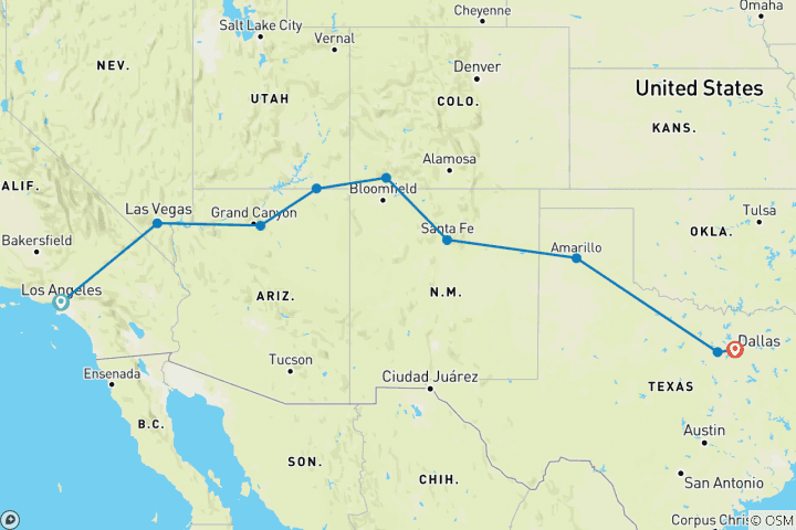 Karte von USA: LA nach Dallas 12 Tage