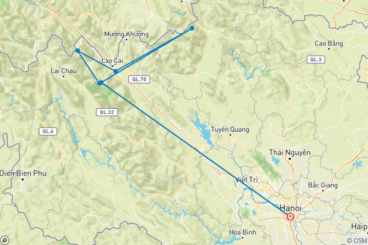 Map of Sapa Adventure trekking 3 days 2 nights By Limousine Bus