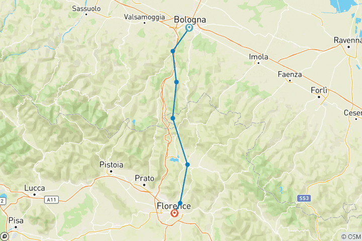 Kaart van Via Degli Dei: Bologna naar Florence