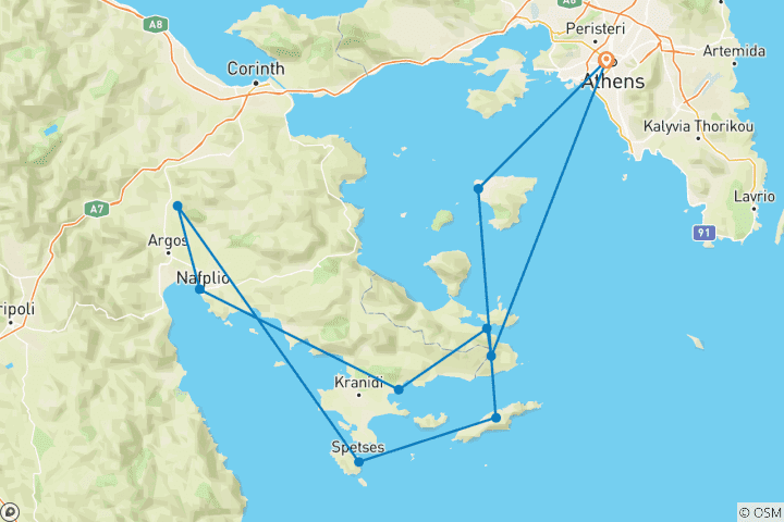 Carte du circuit Vélo et voile dans le Péloponnèse et les îles Saroniques