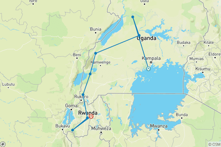 Mapa de Experiencia Gorilas, Chimpancés y 5 Grandes en Uganda y Ruanda (Exclusivamente en privado)