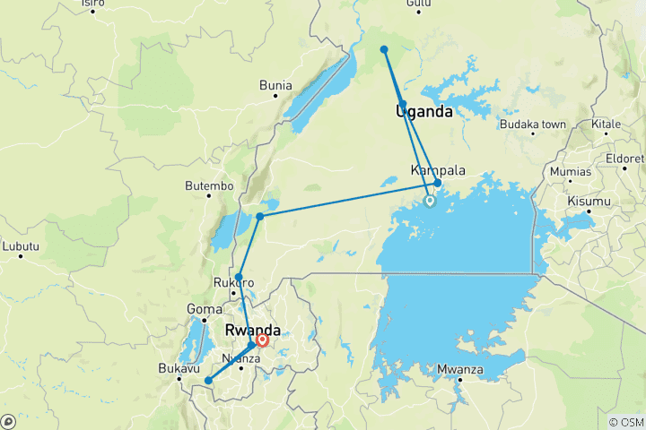 Map of 8 Days Uganda & Rwanda Gorilla Trekking & Wildlife Tour